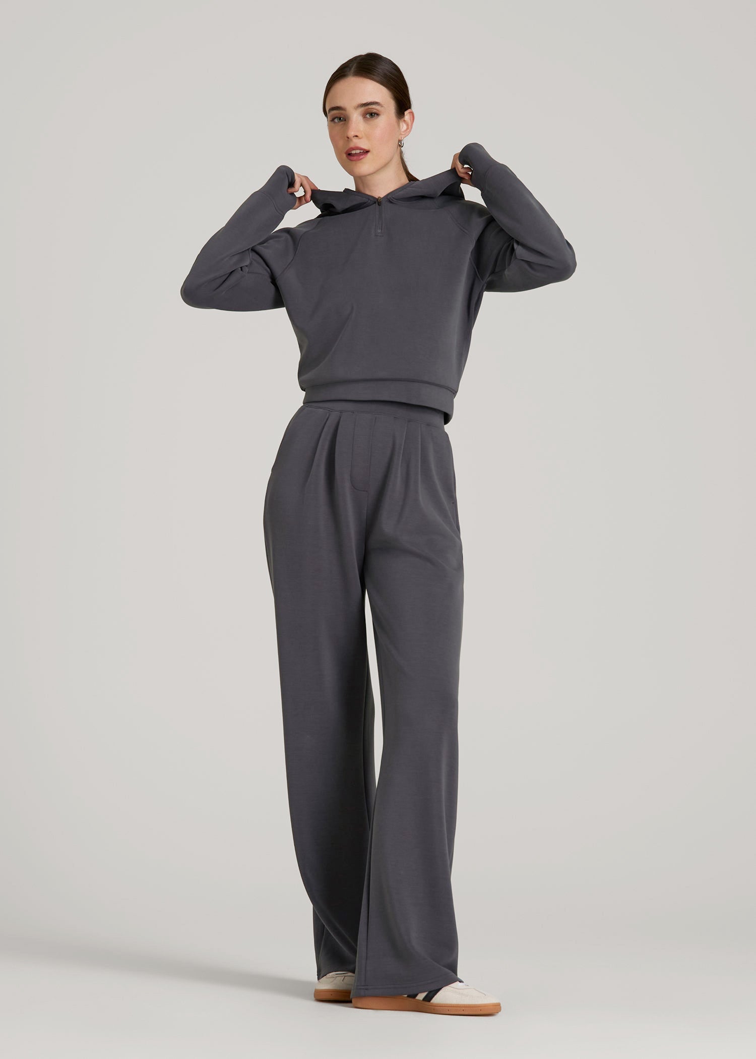 American Tall Online Shop | Soft Motion Cropped Zip Up Hoodie for Tall Women in Charcoal Rinse