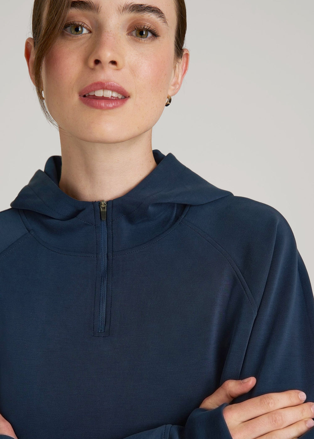 American Tall Discount | Soft Motion Cropped Zip Up Hoodie for Tall Women in Evening Blue