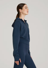 American Tall Discount | Soft Motion Cropped Zip Up Hoodie for Tall Women in Evening Blue