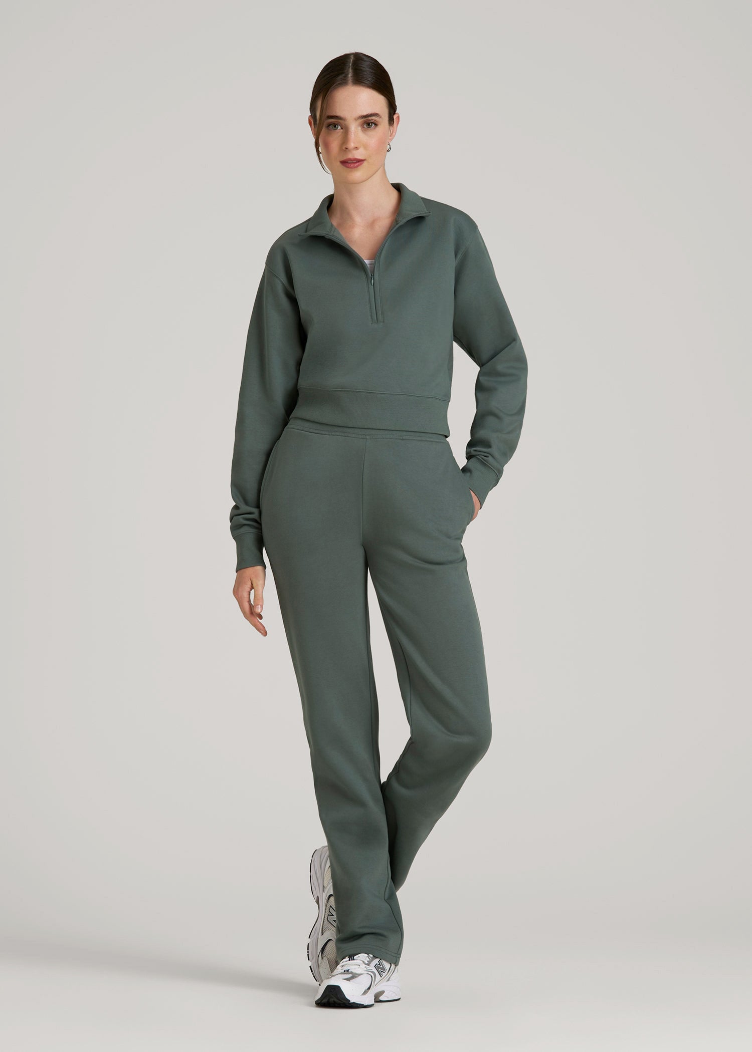 American Tall Online | Wearever 2.0 Fleece Half-Zip Cropped Sweatshirt for Tall Women in Balsam Green