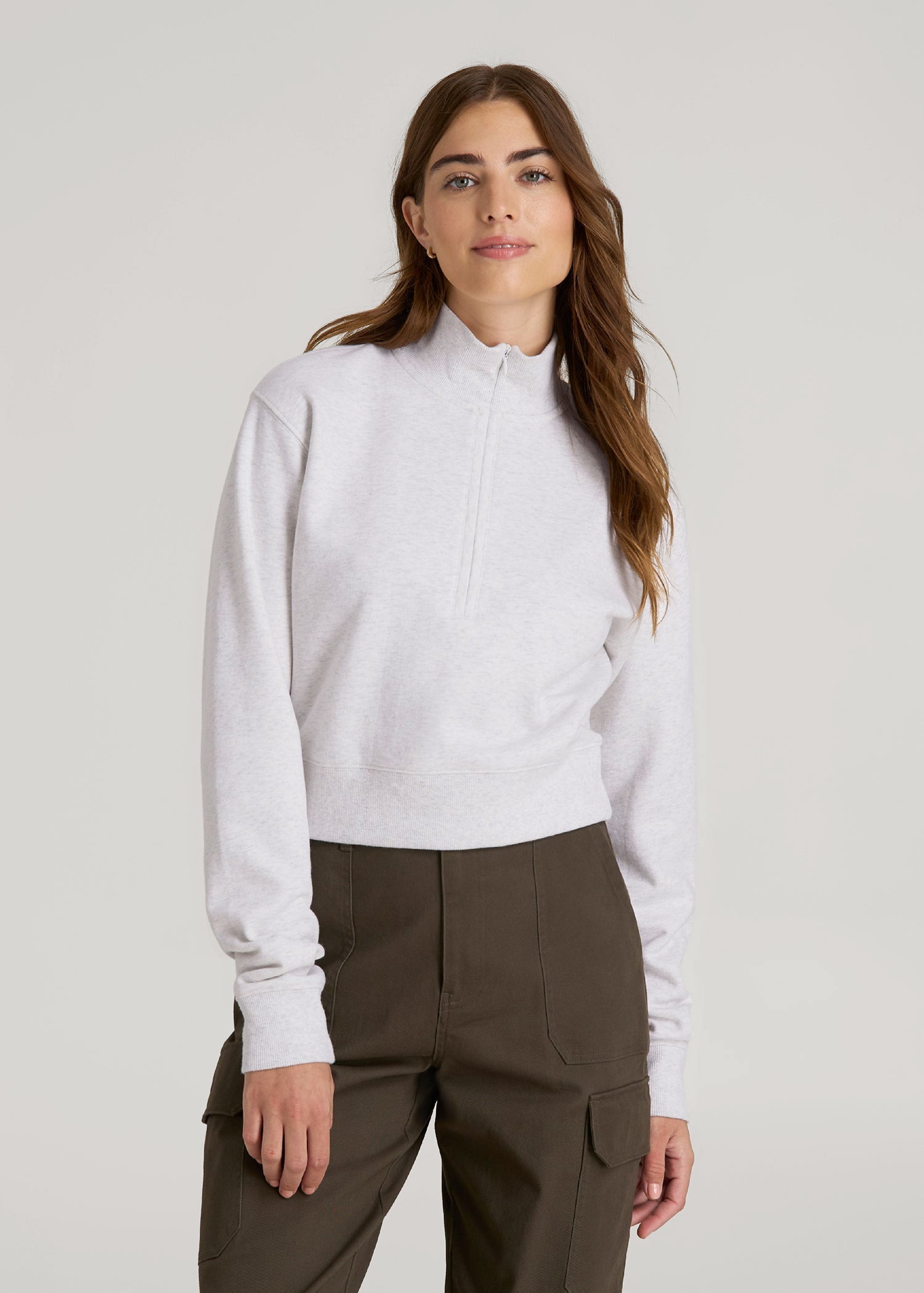 American Tall Outlet | Wearever 2.0 Fleece Half-Zip Cropped Sweatshirt for Tall Women in Heather Cloud White