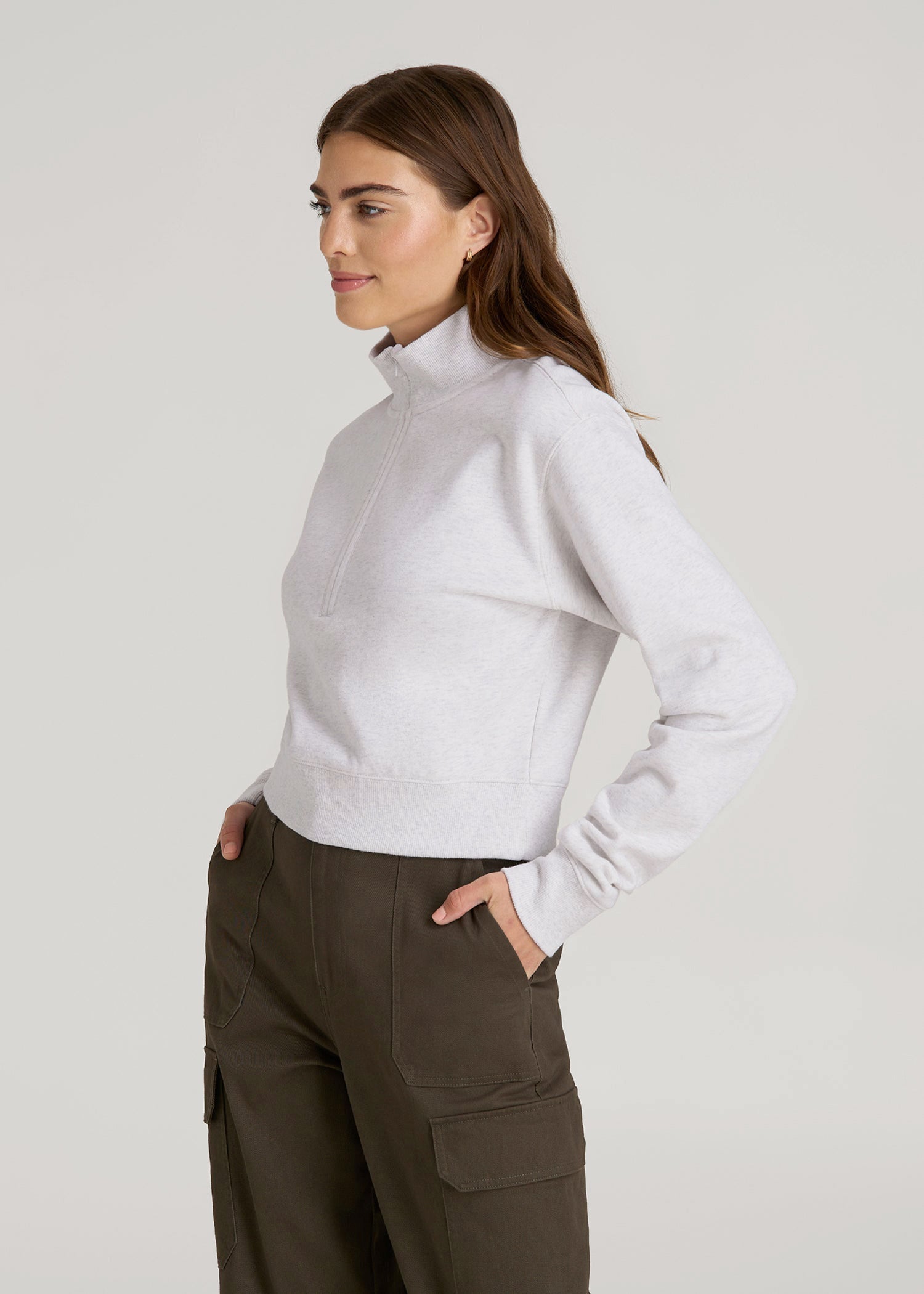American Tall Outlet | Wearever 2.0 Fleece Half-Zip Cropped Sweatshirt for Tall Women in Heather Cloud White
