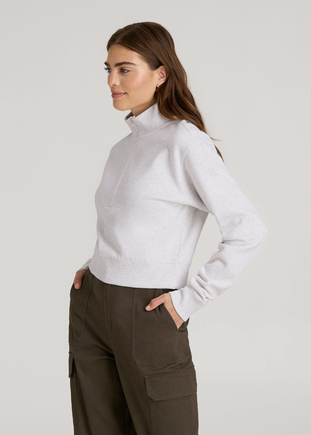 American Tall Outlet | Wearever 2.0 Fleece Half-Zip Cropped Sweatshirt for Tall Women in Heather Cloud White