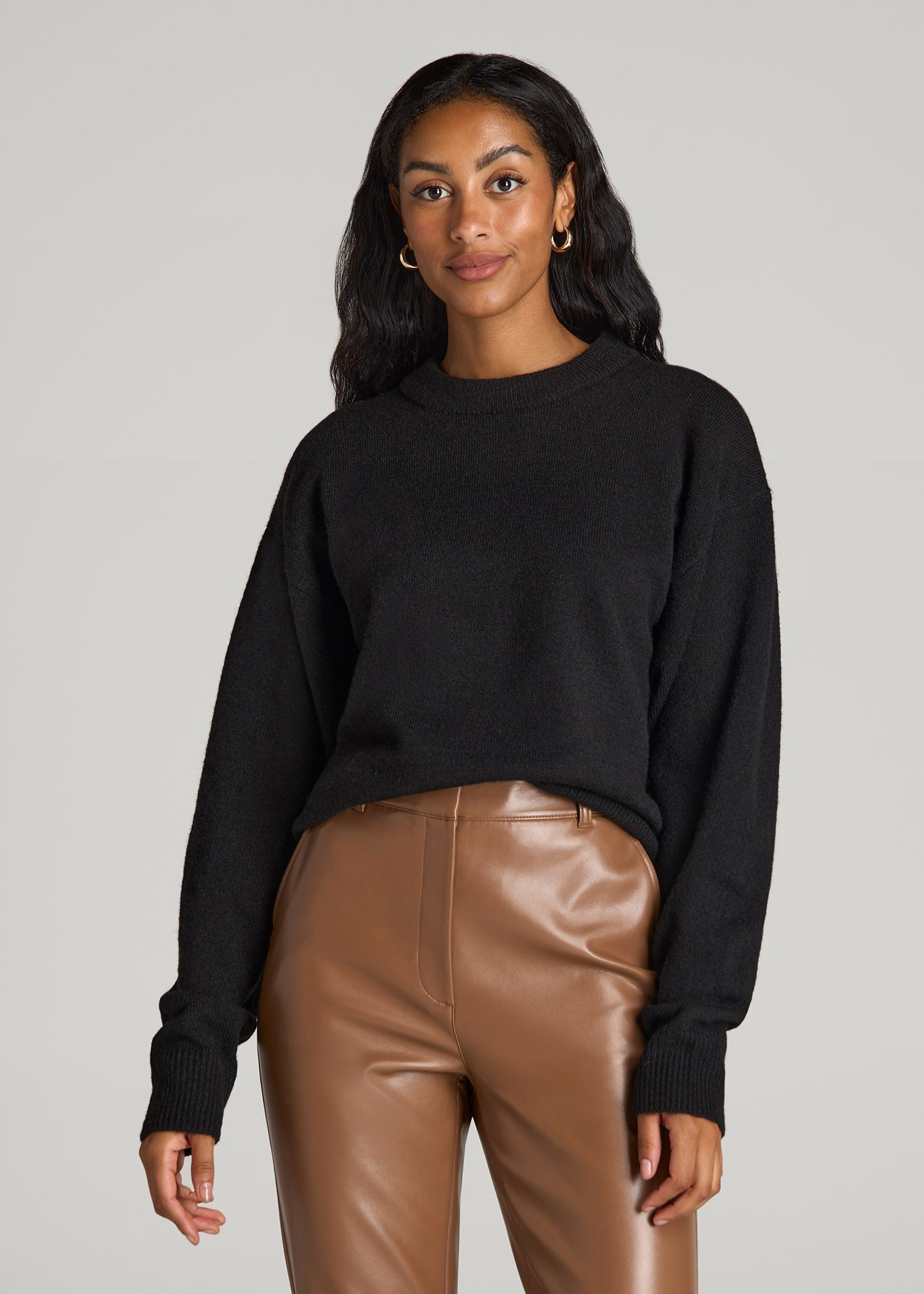 American Tall Sale | Relaxed Crewneck Wool Blend Sweater for Tall Women in Black