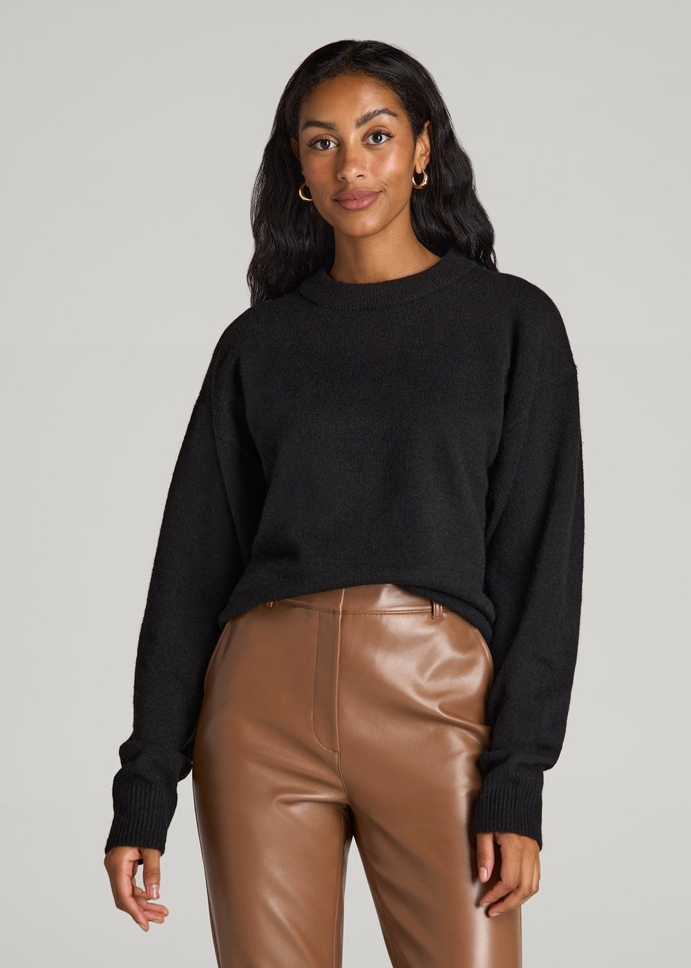 American Tall Sale | Relaxed Crewneck Wool Blend Sweater for Tall Women in Black