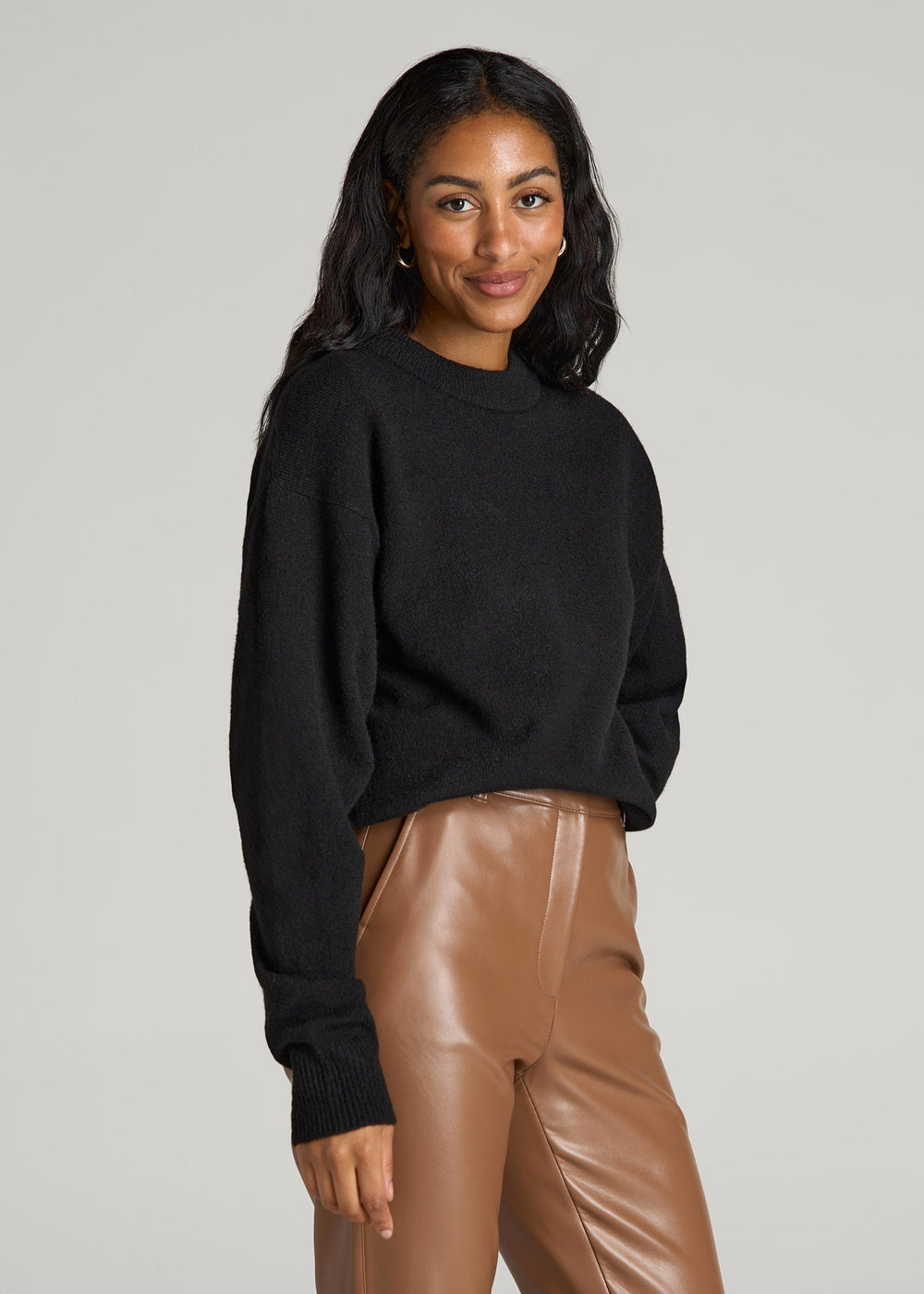 American Tall Sale | Relaxed Crewneck Wool Blend Sweater for Tall Women in Black