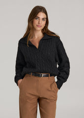 American Tall For Sale | Johnny Collar Cable Knit Sweater for Tall Women in Black