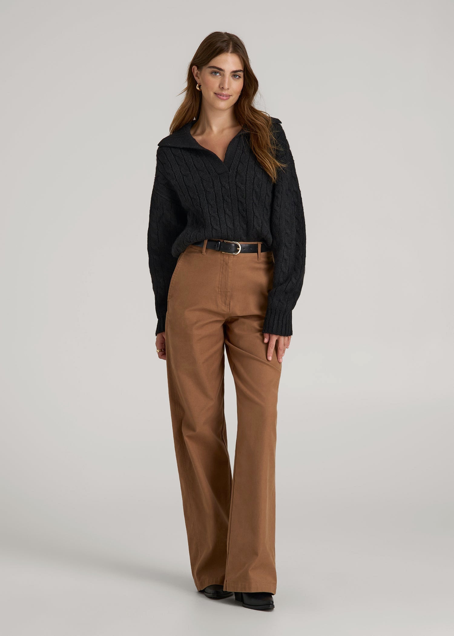 American Tall For Sale | Johnny Collar Cable Knit Sweater for Tall Women in Black