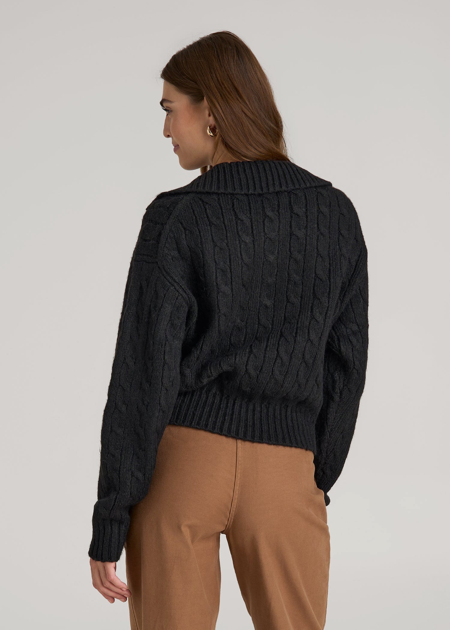 American Tall For Sale | Johnny Collar Cable Knit Sweater for Tall Women in Black