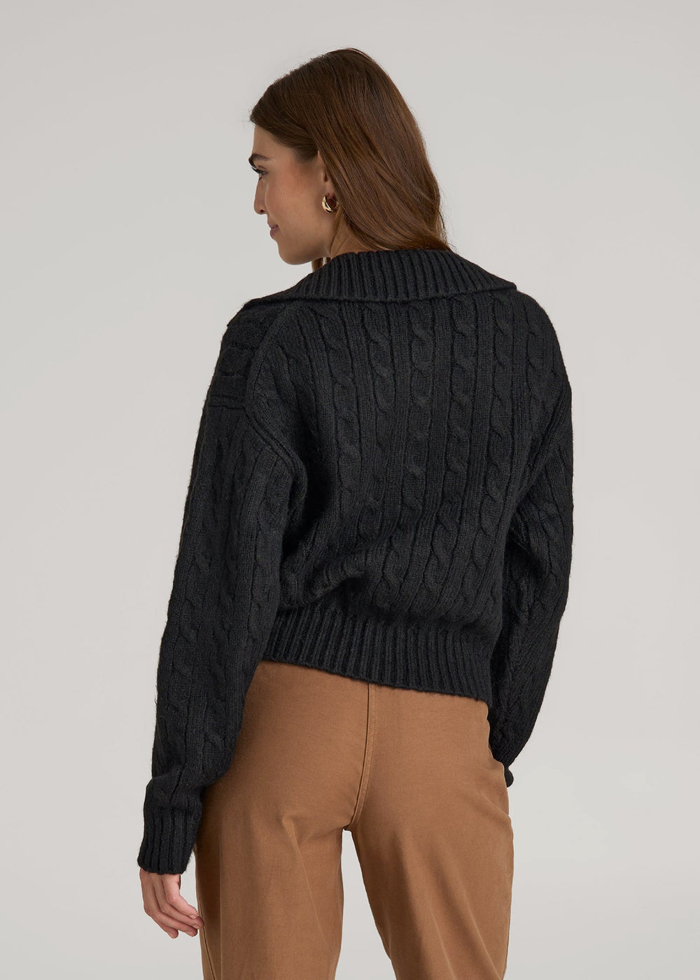 American Tall For Sale | Johnny Collar Cable Knit Sweater for Tall Women in Black