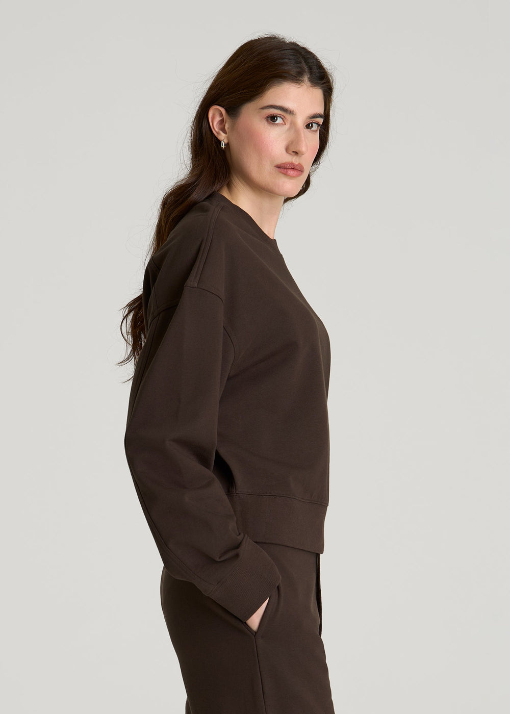 American Tall Discount | Everyday Terry Cropped Crew for Tall Women in Espresso