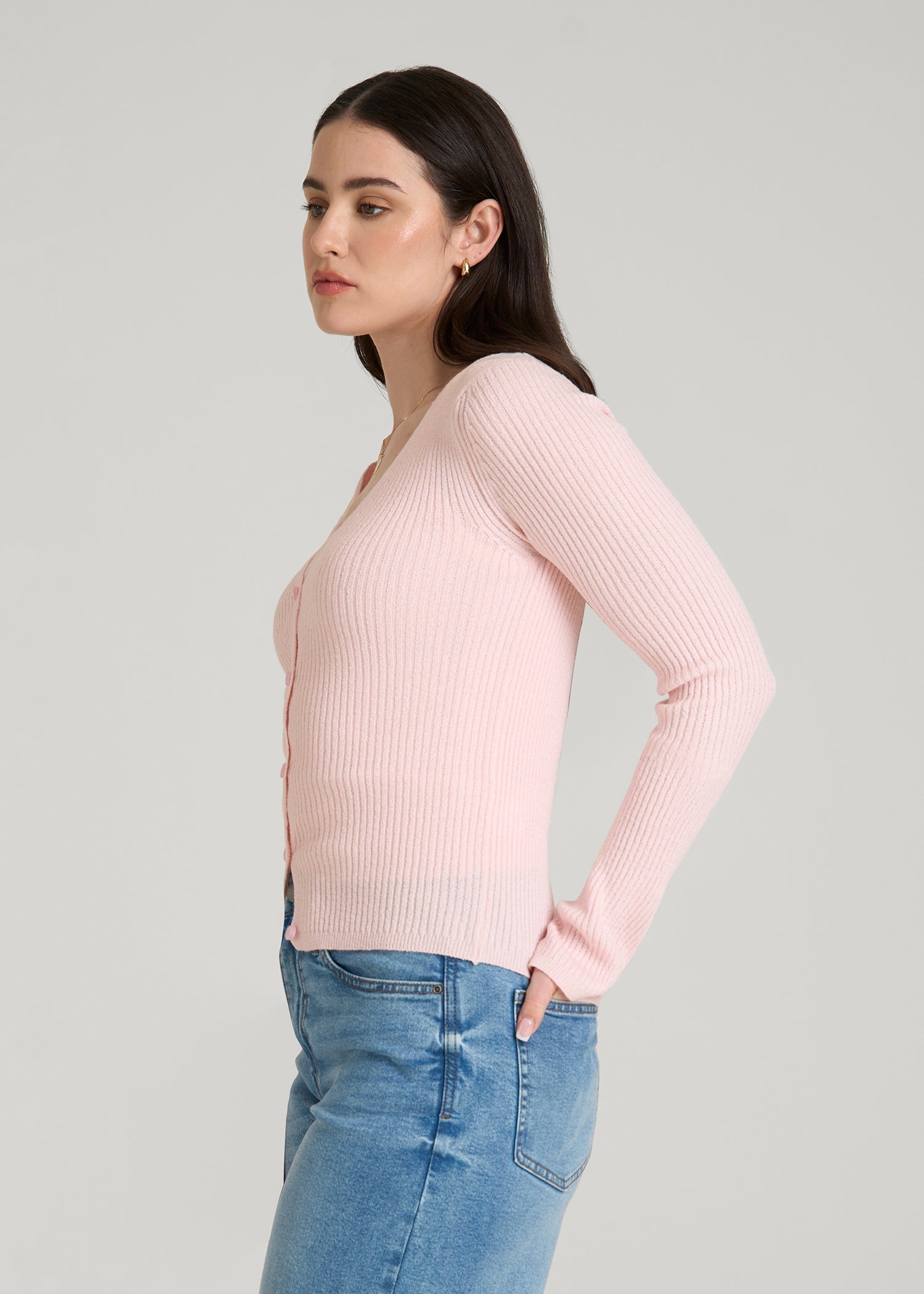 American Tall For Sale | Boucle Knit Cardigan for Tall Women in Barely Pink