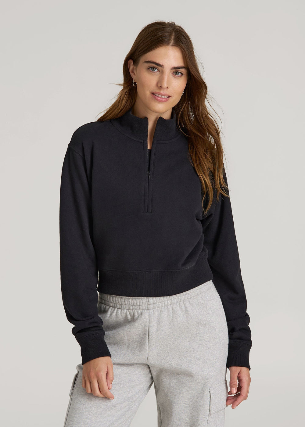 American Tall Discount | Wearever 2.0 Fleece Half-Zip Cropped Sweatshirt for Tall Women in Black