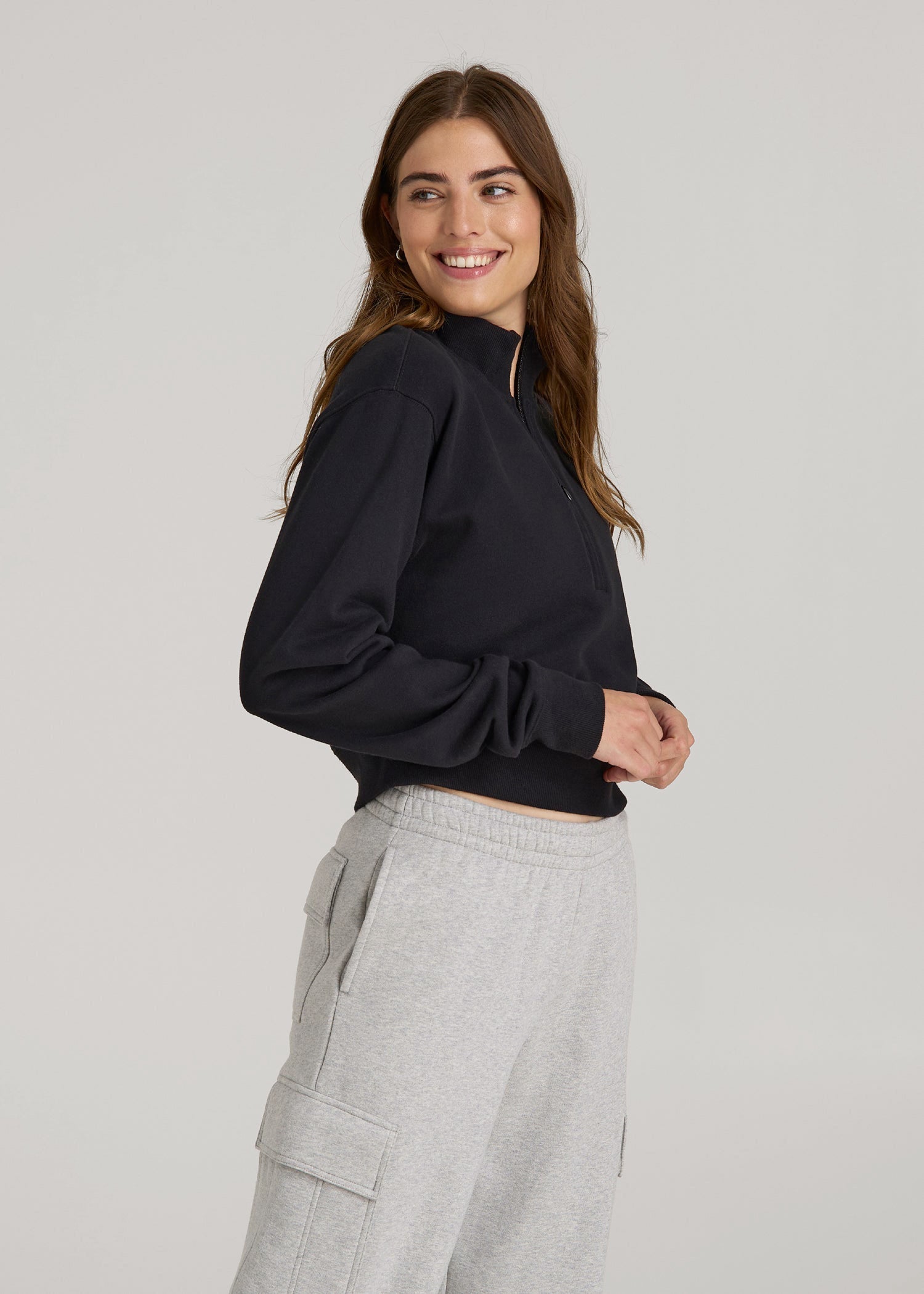 American Tall Discount | Wearever 2.0 Fleece Half-Zip Cropped Sweatshirt for Tall Women in Black