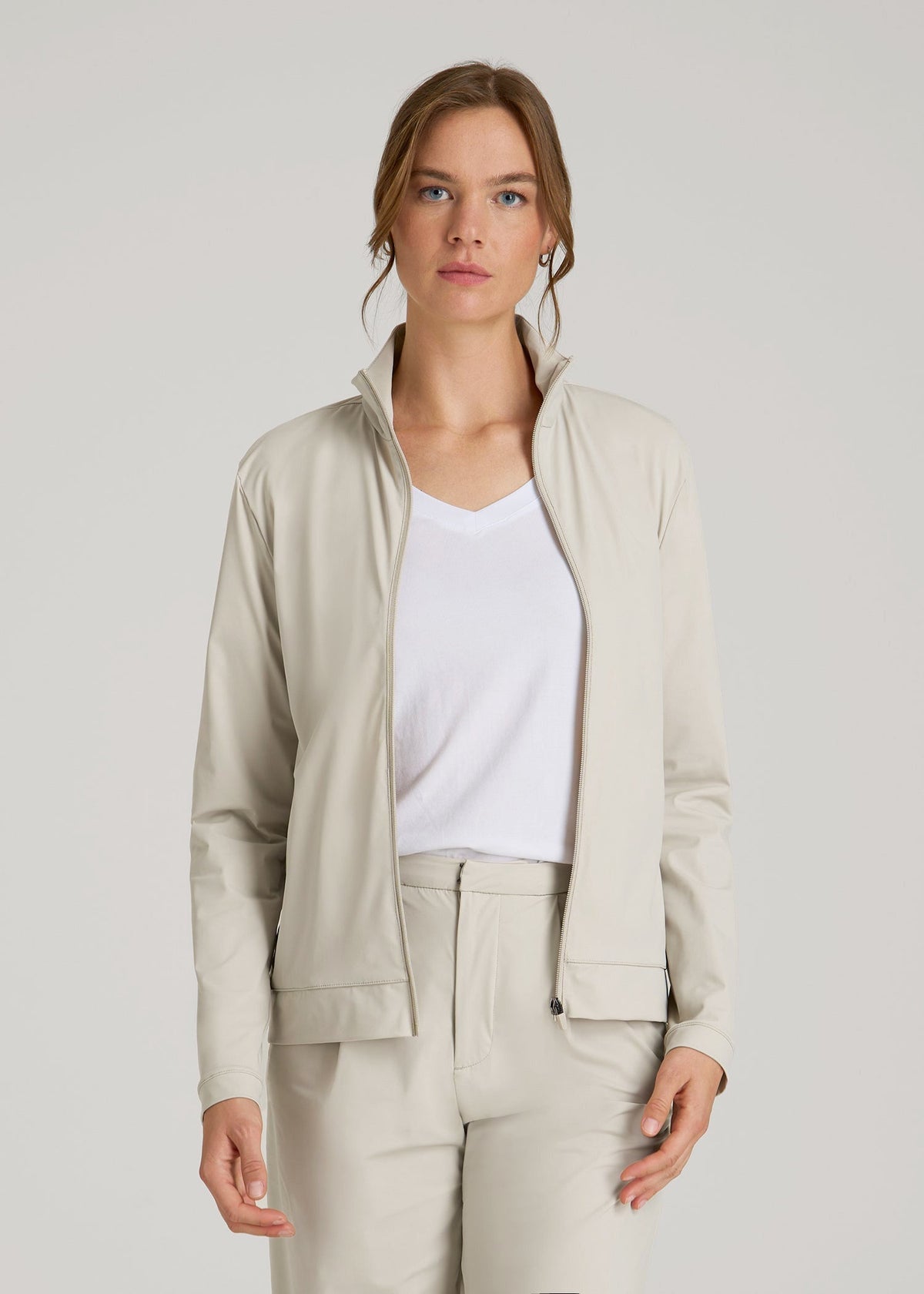 American Tall Discount | Front Zip Commuter Jacket for Tall Women in Stone