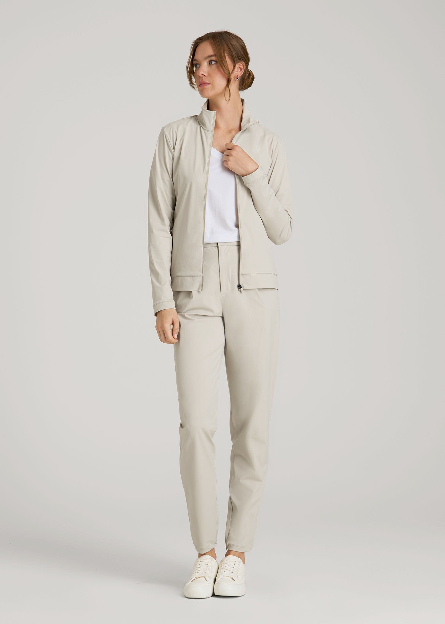 American Tall Discount | Front Zip Commuter Jacket for Tall Women in Stone