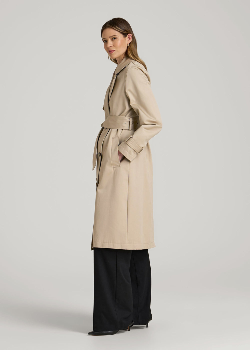 American Tall Sale | Relaxed Trench Coat for Tall Women in Light Khaki