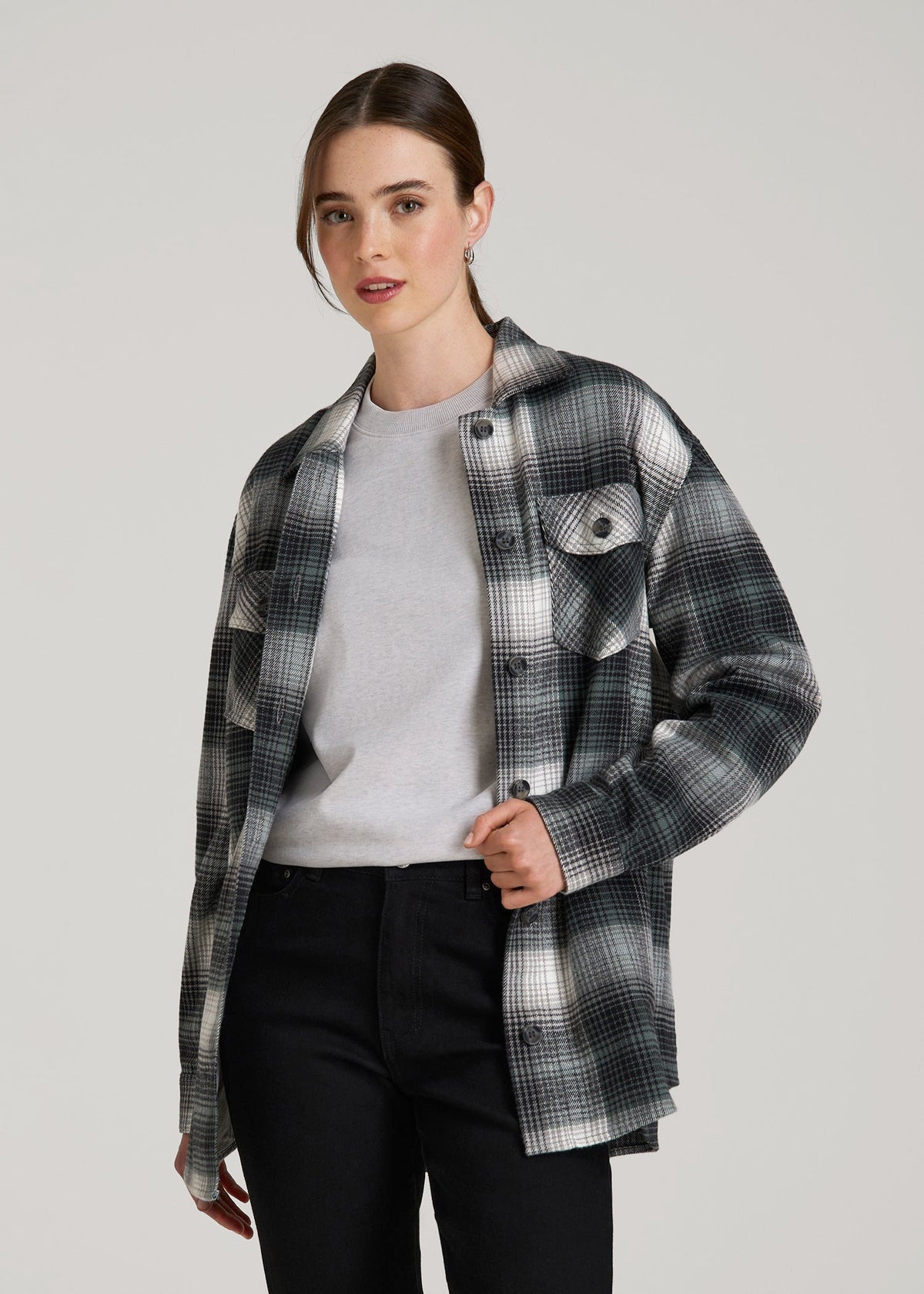 American Tall Online Shop | Flannel Shacket for Tall Women in Balsam Green Plaid