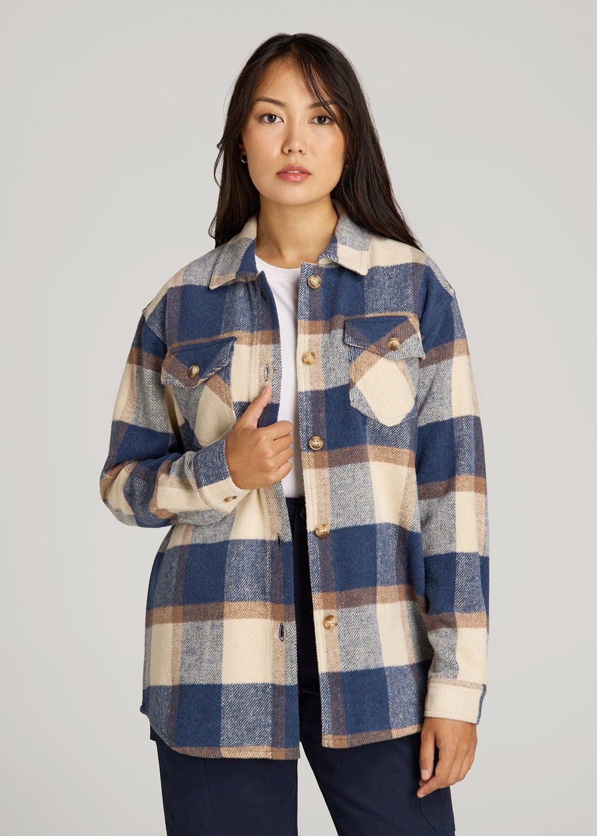 American Tall Discount | Flannel Shacket for Tall Women in Cream and Denim Blue Plaid