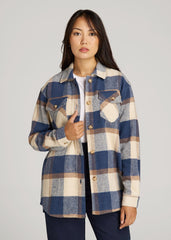 American Tall Discount | Flannel Shacket for Tall Women in Cream and Denim Blue Plaid