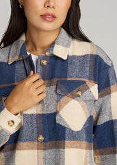 American Tall Discount | Flannel Shacket for Tall Women in Cream and Denim Blue Plaid