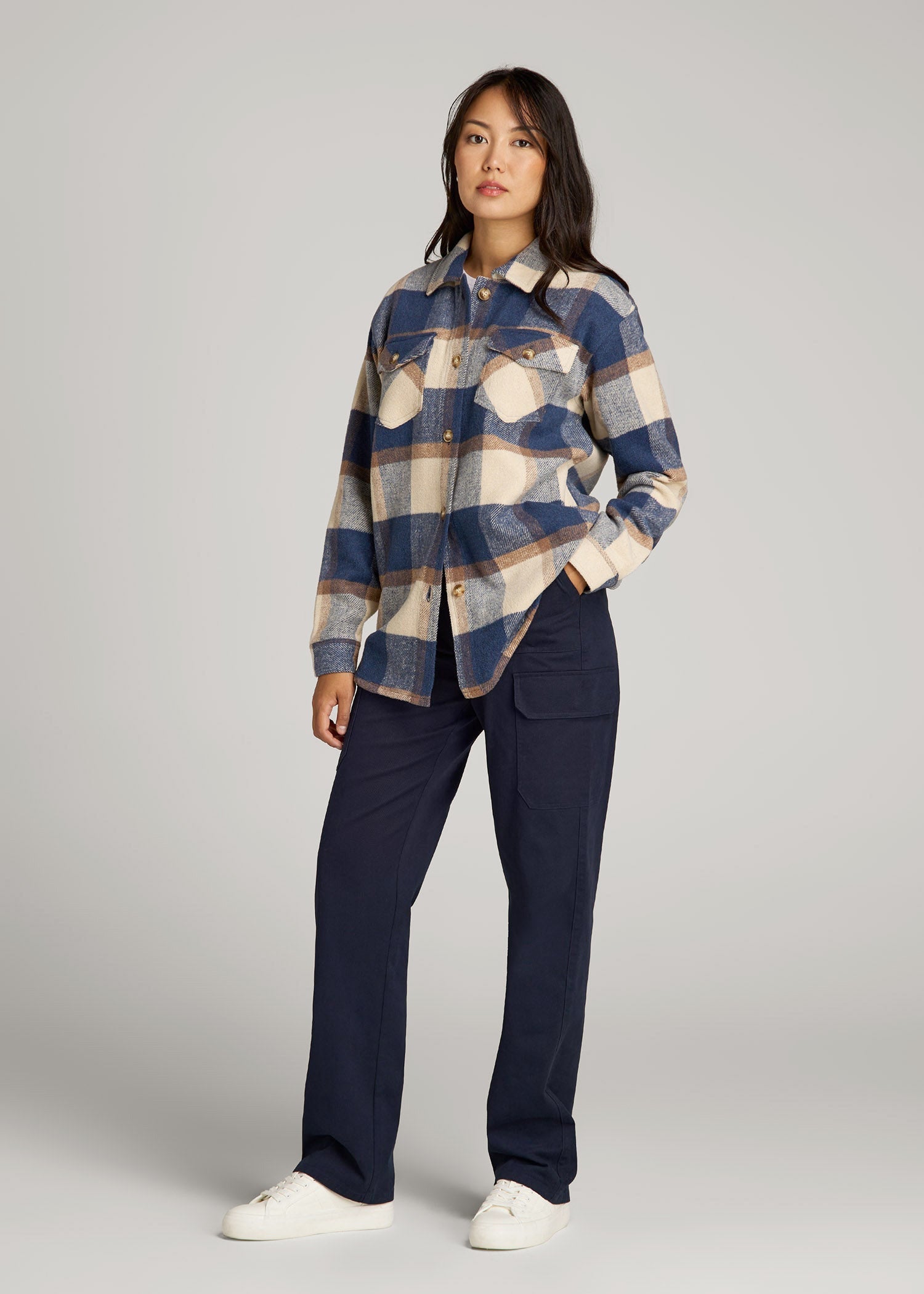 American Tall Discount | Flannel Shacket for Tall Women in Cream and Denim Blue Plaid