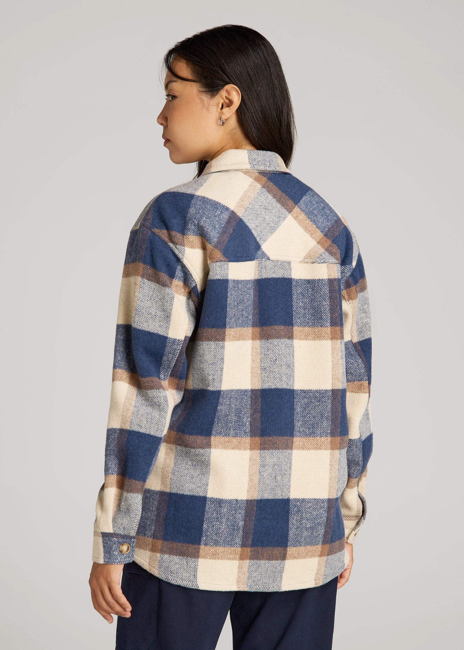American Tall Discount | Flannel Shacket for Tall Women in Cream and Denim Blue Plaid