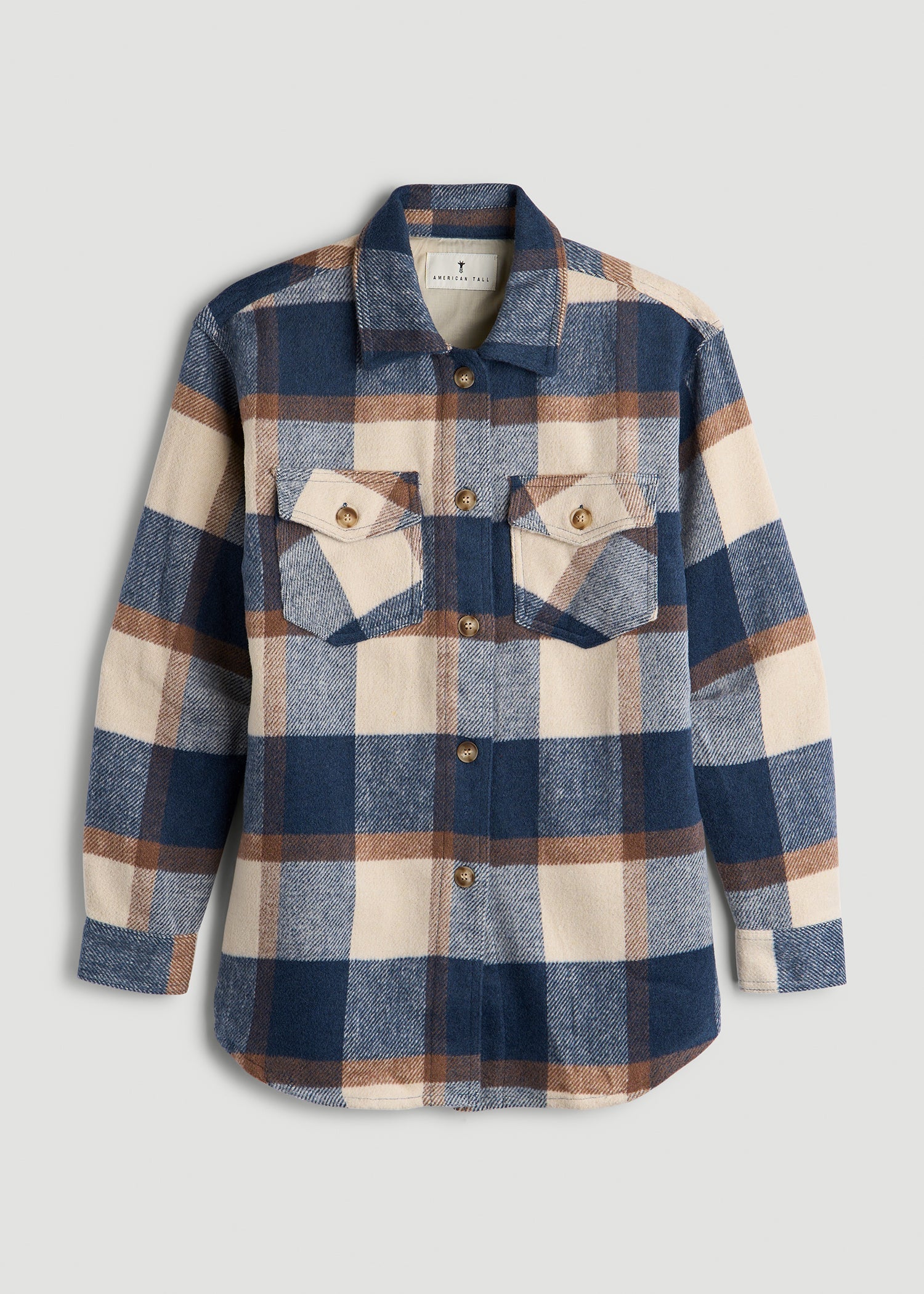 American Tall Discount | Flannel Shacket for Tall Women in Cream and Denim Blue Plaid