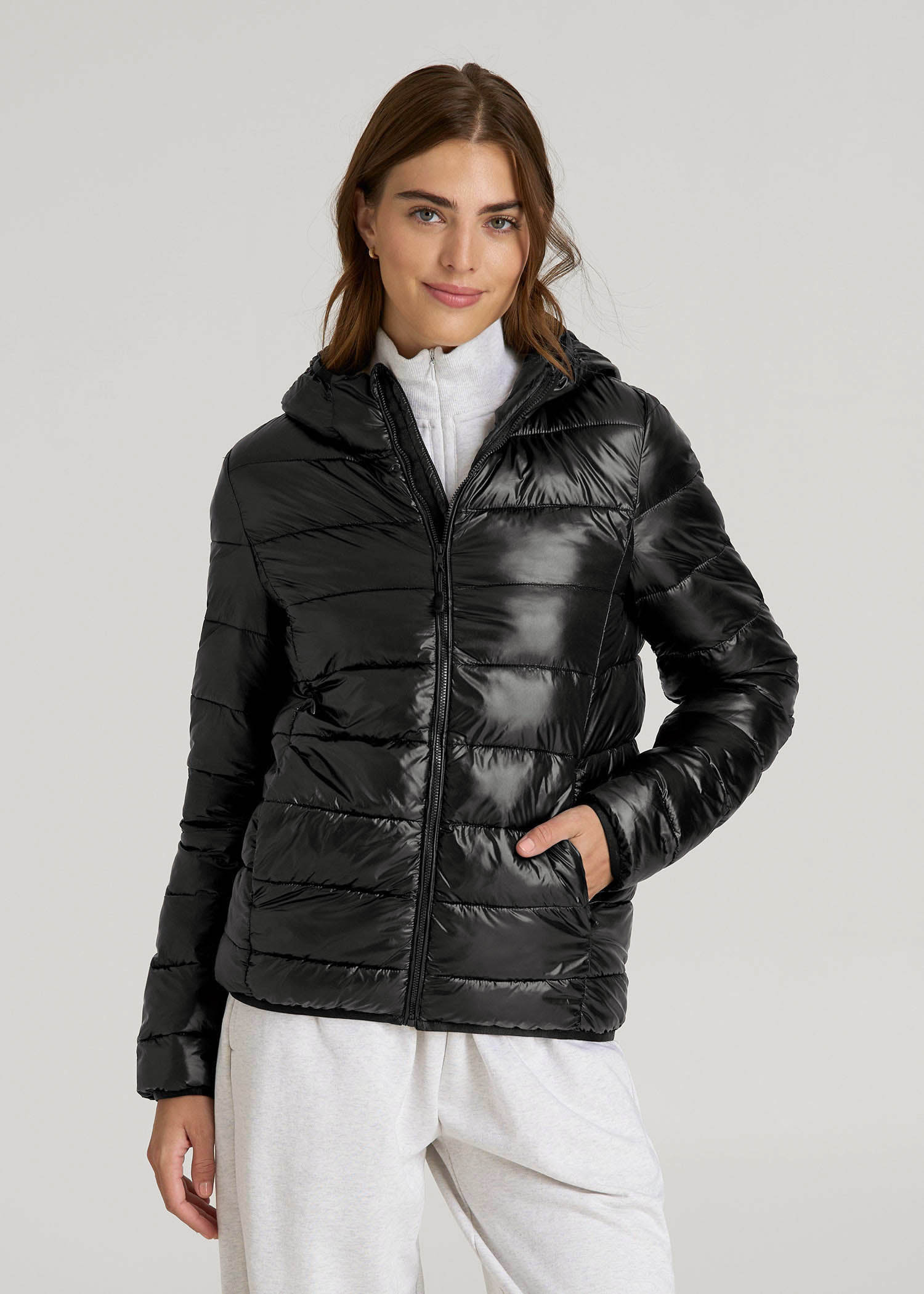 American Tall Online | Packable Short Puffer Jacket for Tall Women in Glossy Black