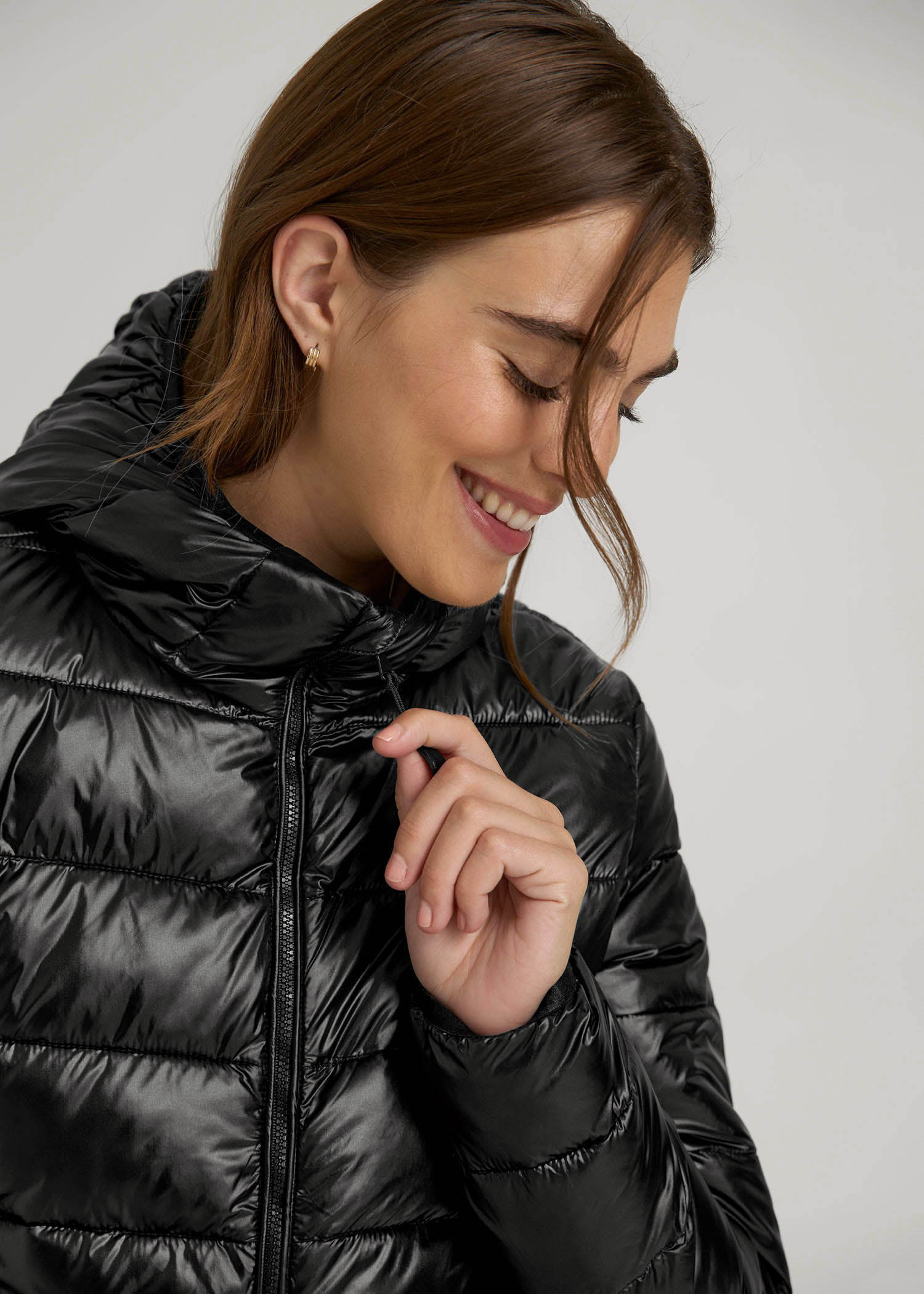 American Tall Online | Packable Short Puffer Jacket for Tall Women in Glossy Black