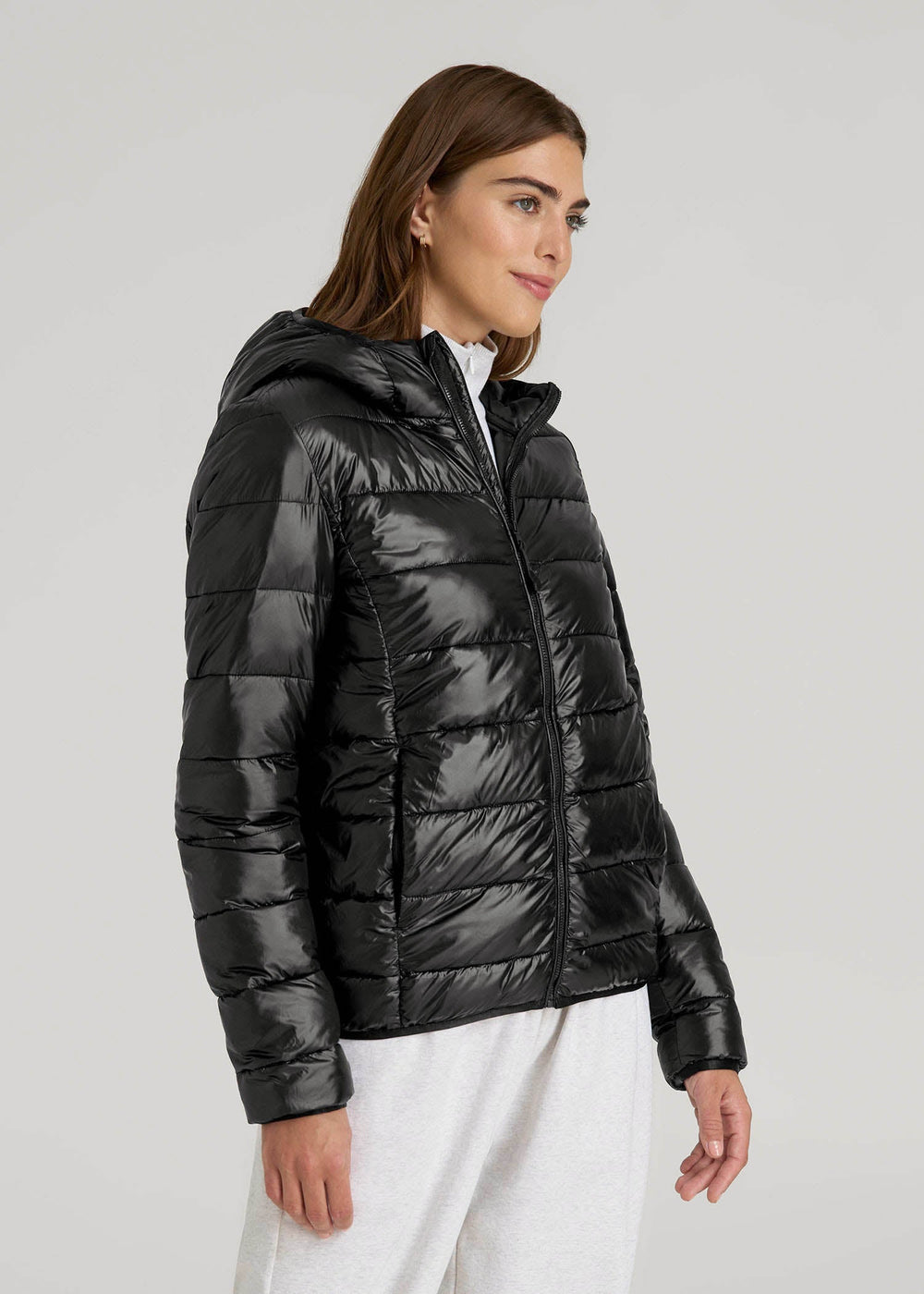 American Tall Online | Packable Short Puffer Jacket for Tall Women in Glossy Black