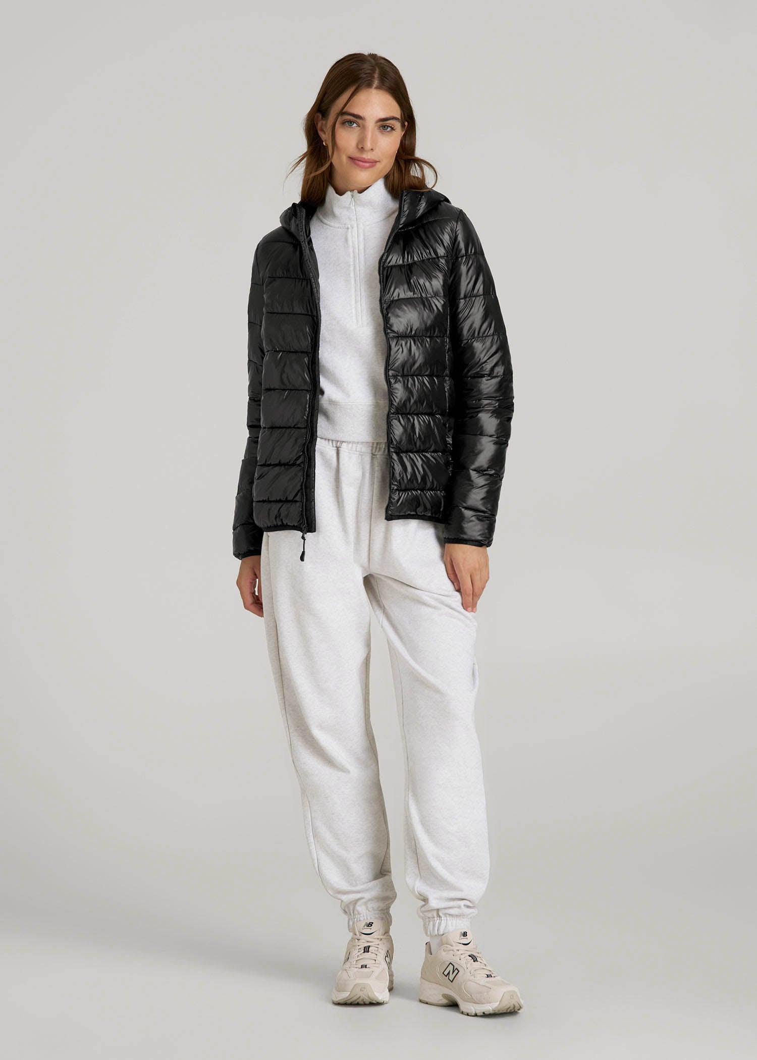 American Tall Online | Packable Short Puffer Jacket for Tall Women in Glossy Black