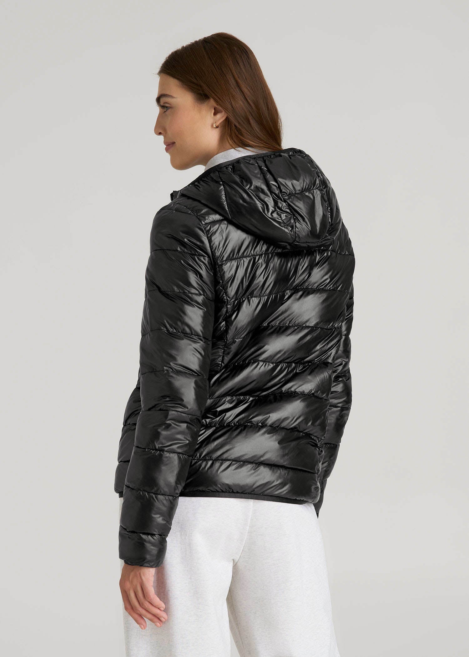 American Tall Online | Packable Short Puffer Jacket for Tall Women in Glossy Black