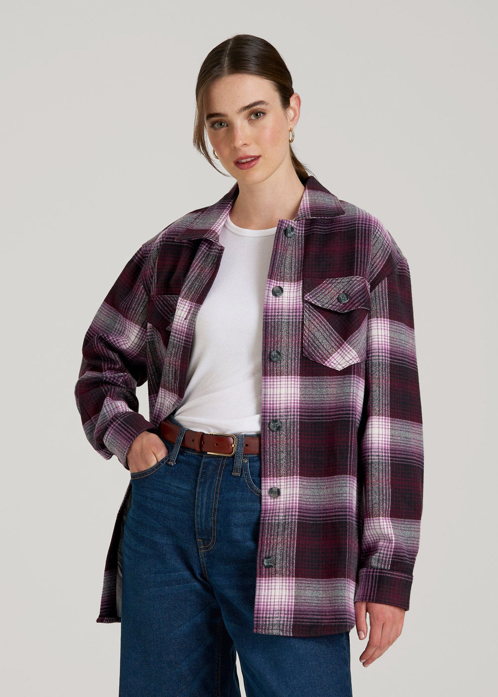 American Tall Outlet | Flannel Shacket for Tall Women in Tawny Port Plaid