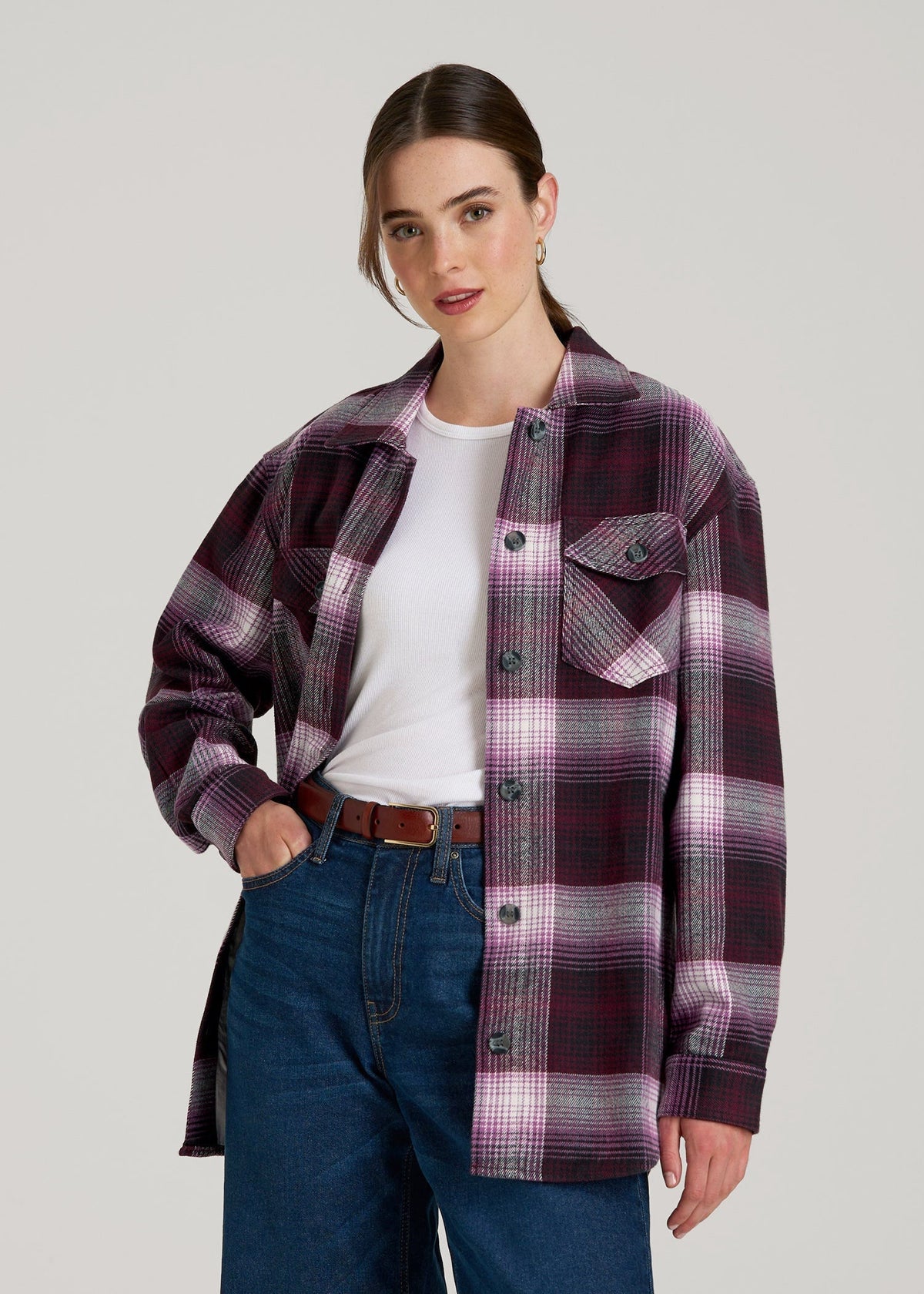 American Tall Outlet | Flannel Shacket for Tall Women in Tawny Port Plaid