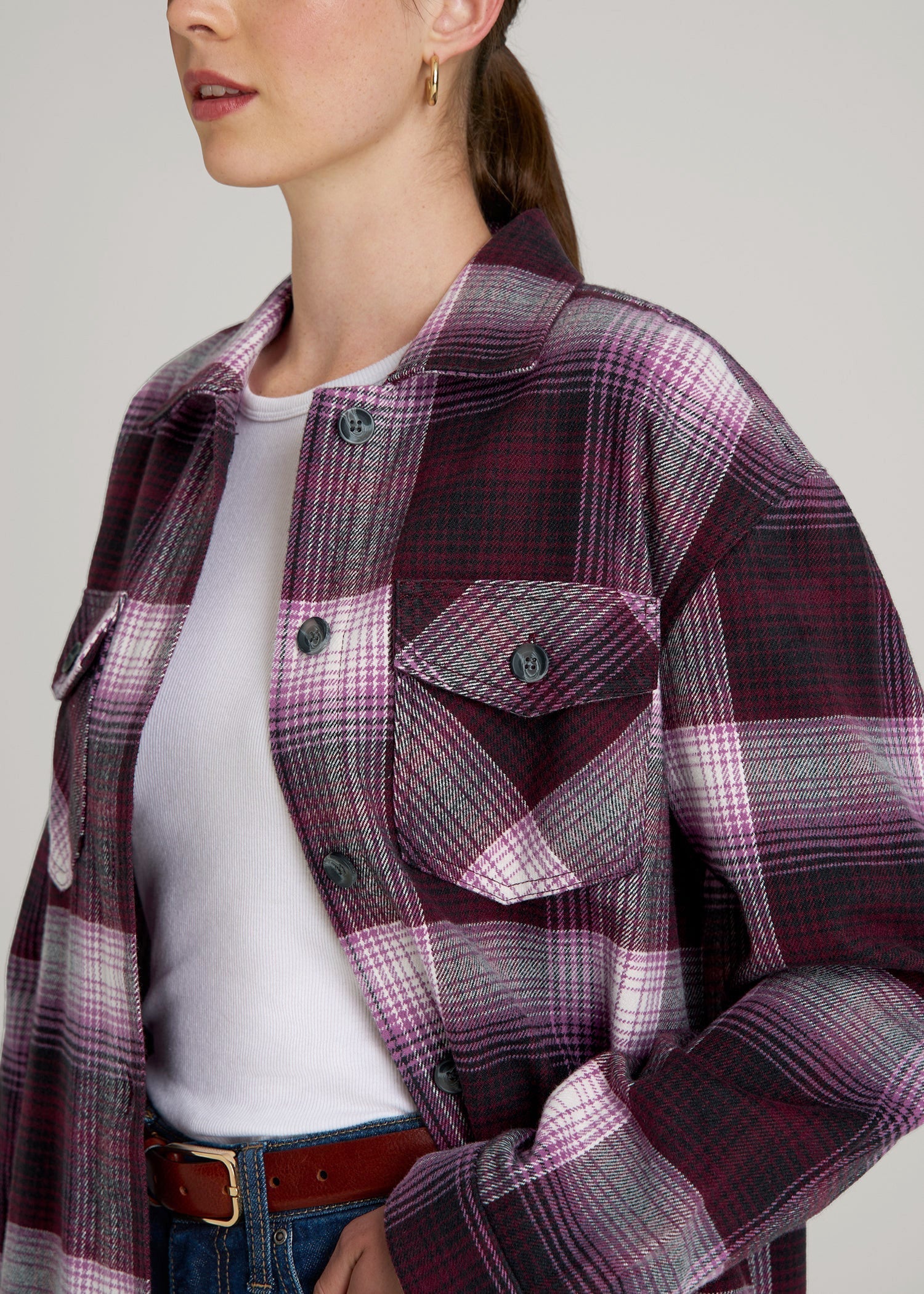 American Tall Outlet | Flannel Shacket for Tall Women in Tawny Port Plaid