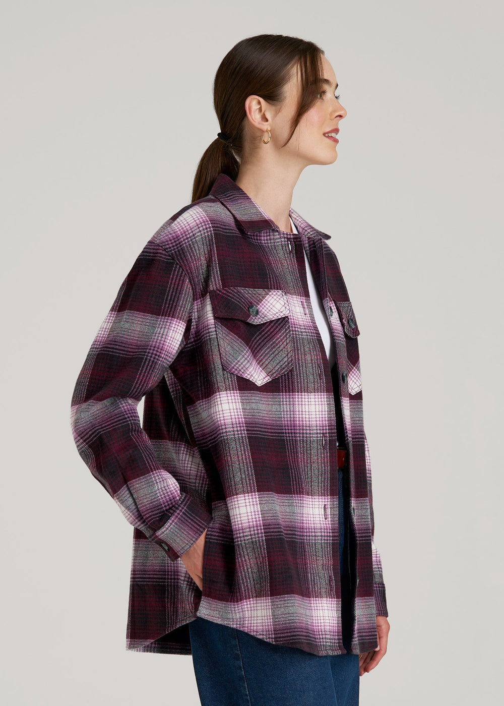 American Tall Outlet | Flannel Shacket for Tall Women in Tawny Port Plaid