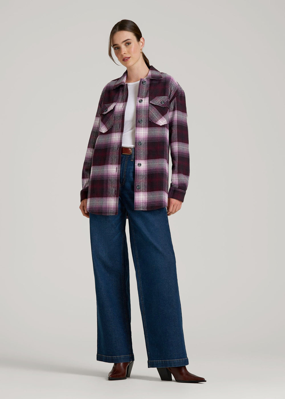American Tall Outlet | Flannel Shacket for Tall Women in Tawny Port Plaid