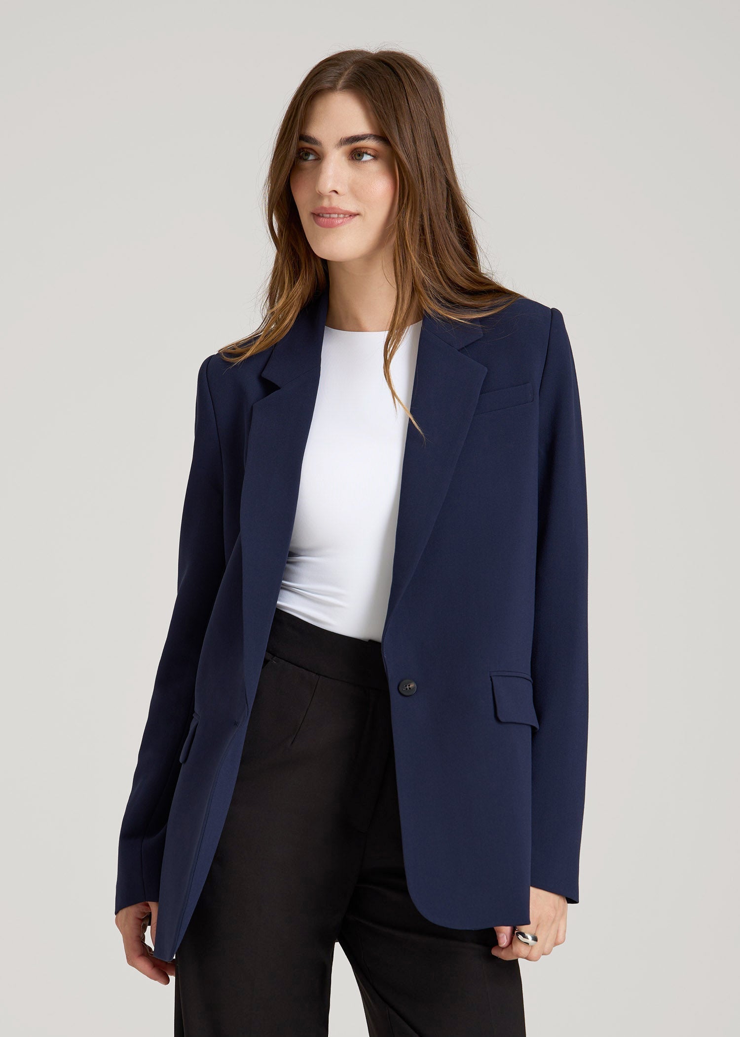 American Tall Outlet | Boyfriend Fit Single-Button Blazer for Tall Women in Navy