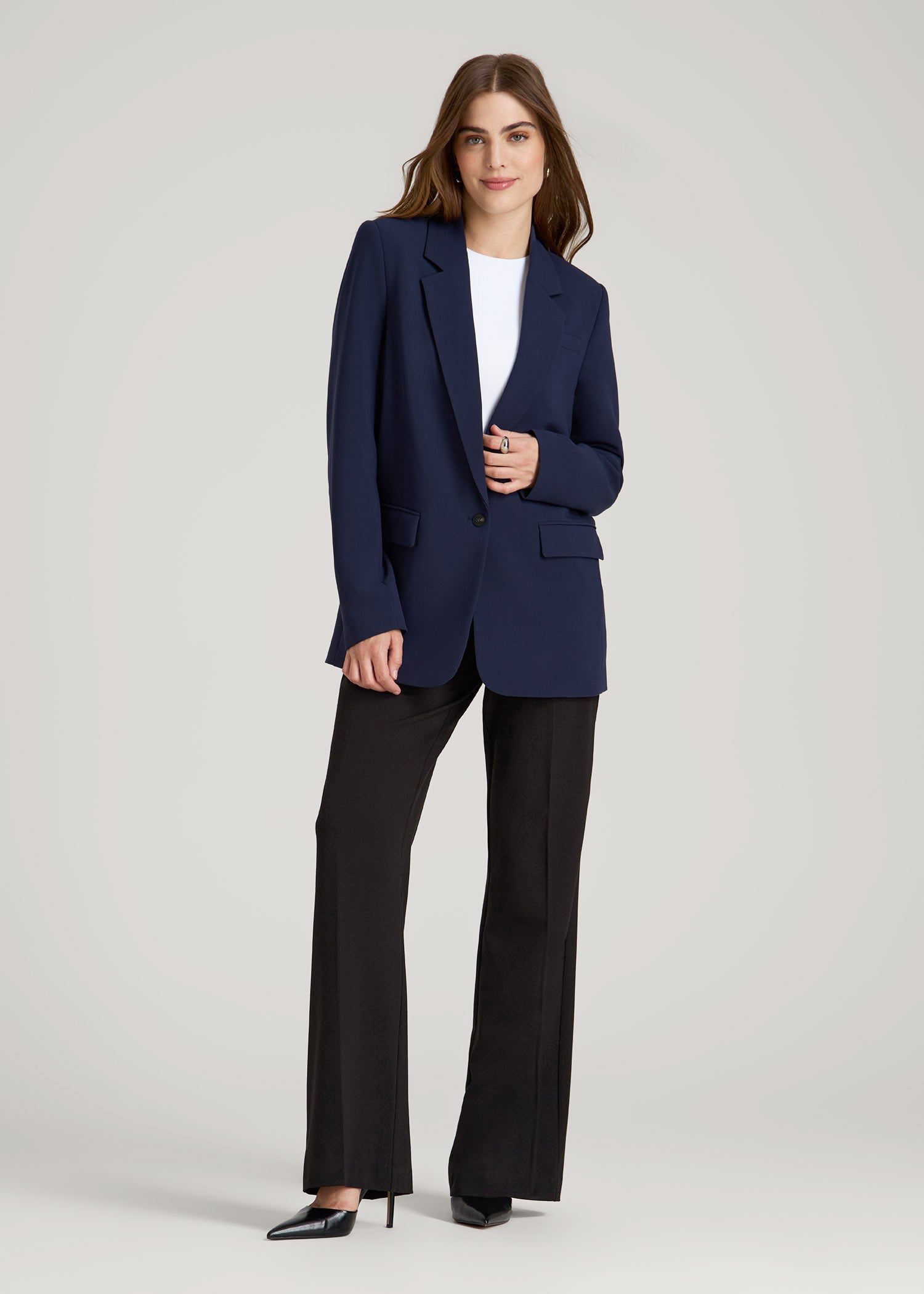 American Tall Outlet | Boyfriend Fit Single-Button Blazer for Tall Women in Navy