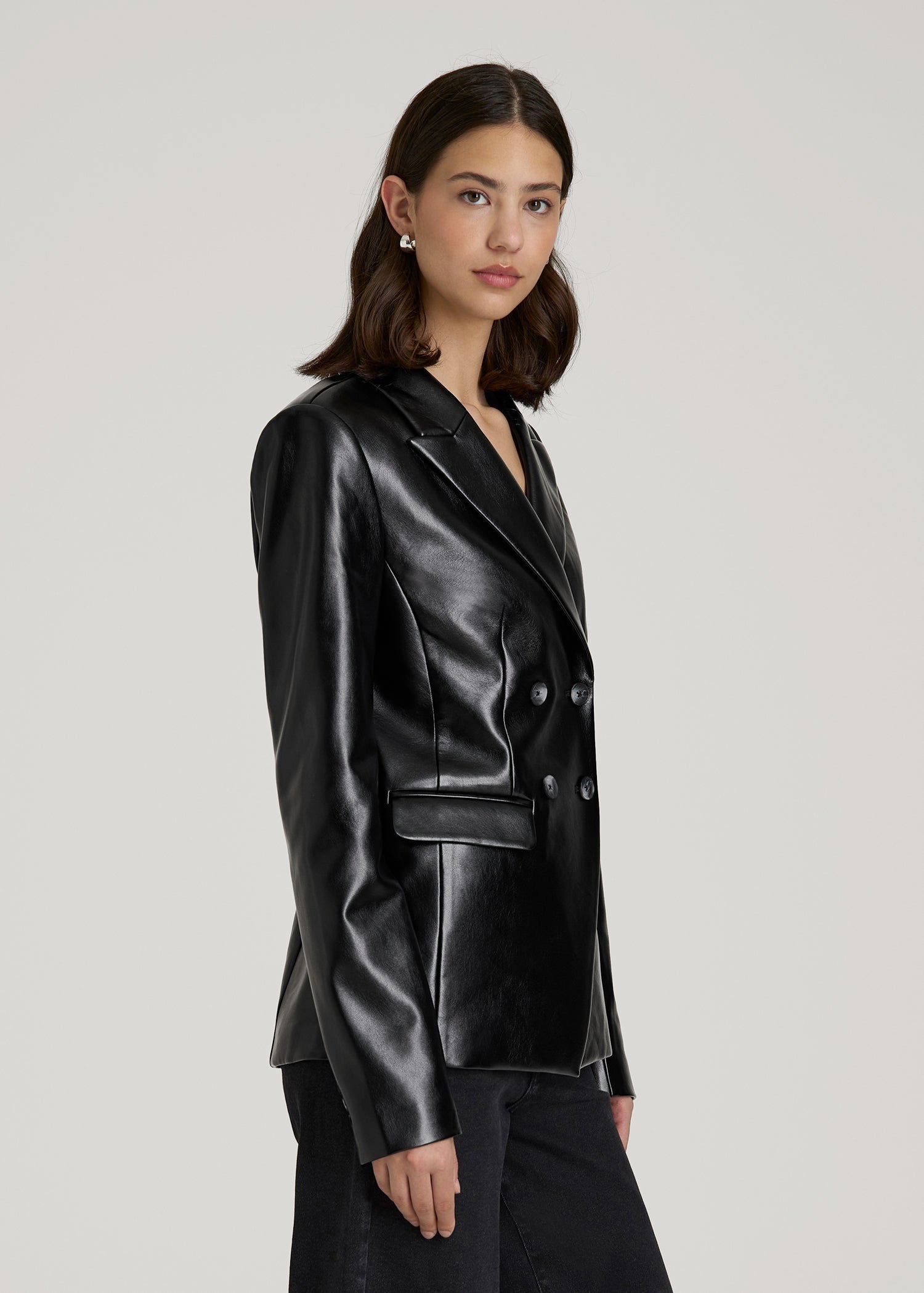 American Tall Discount | True Touch Leather Double Breasted Blazer for Tall Women in Black
