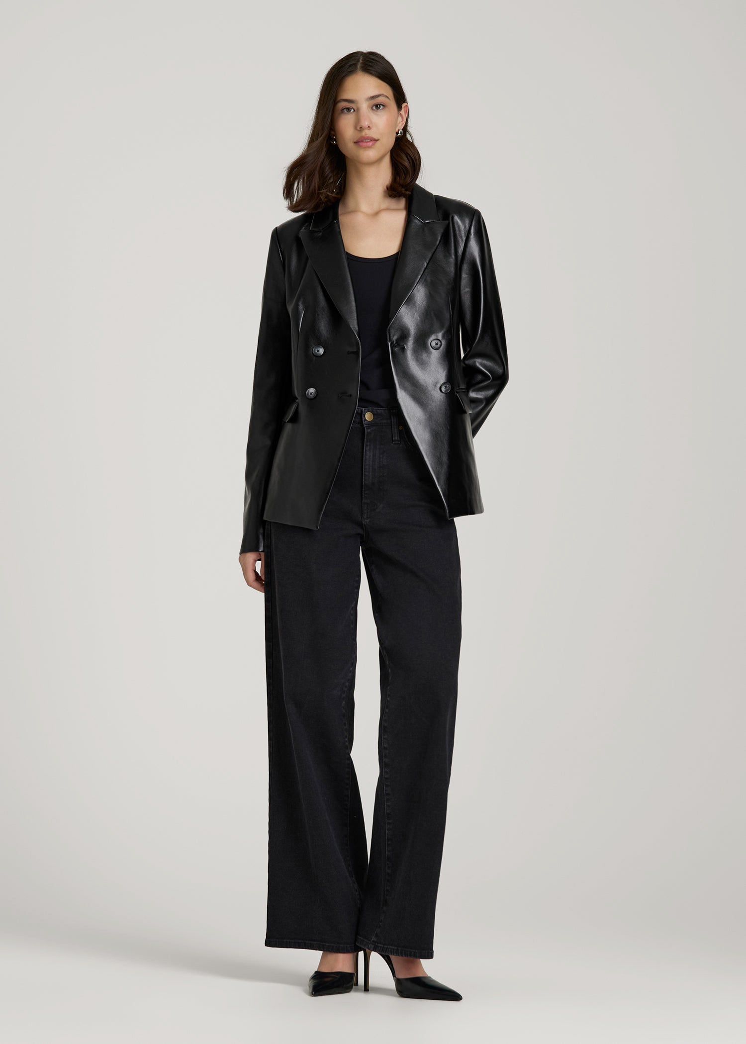 American Tall Discount | True Touch Leather Double Breasted Blazer for Tall Women in Black