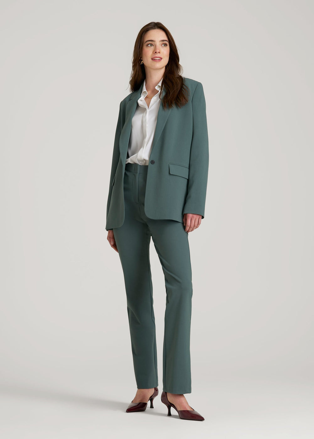 American Tall Sale | Boyfriend Fit Single-Button Blazer for Tall Women in Balsam Green