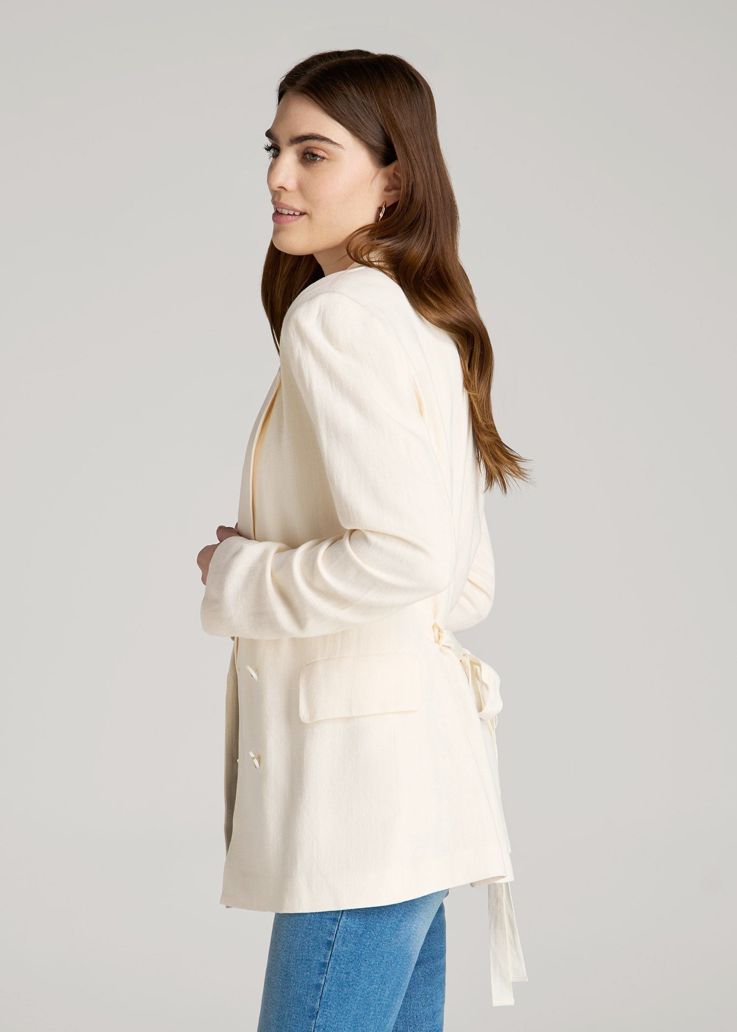 American Tall Sale | Linen Blend Tie Back Blazer For Tall Women in White Alyssum