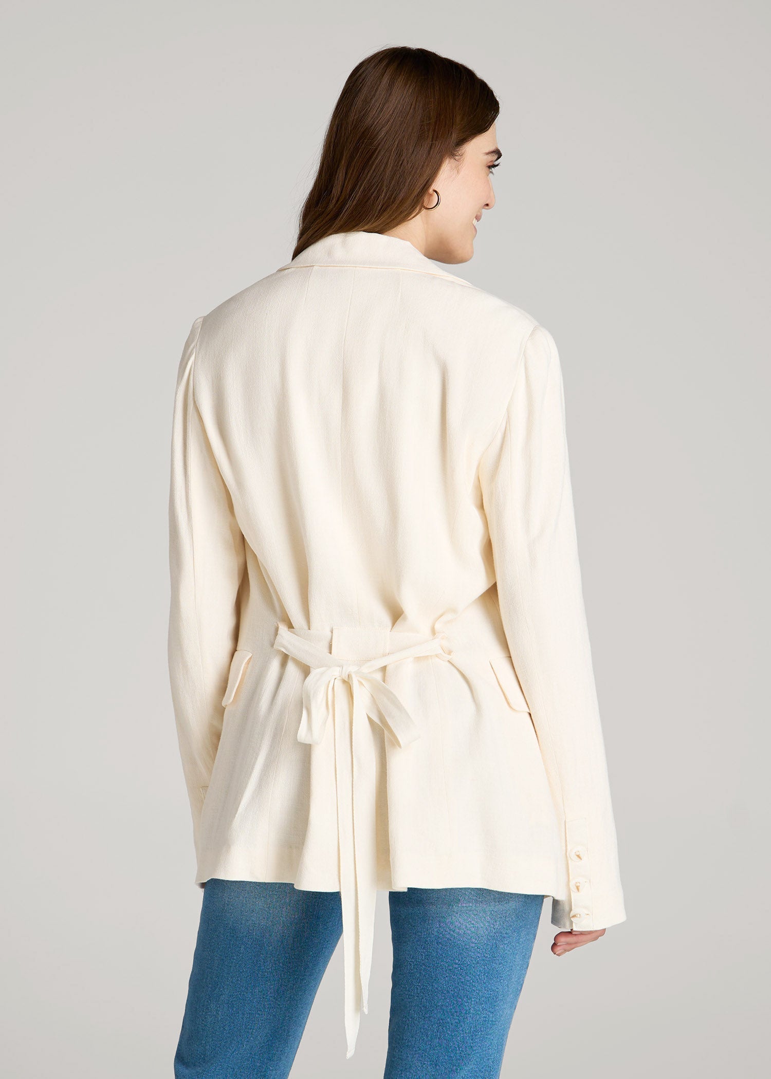 American Tall Sale | Linen Blend Tie Back Blazer For Tall Women in White Alyssum