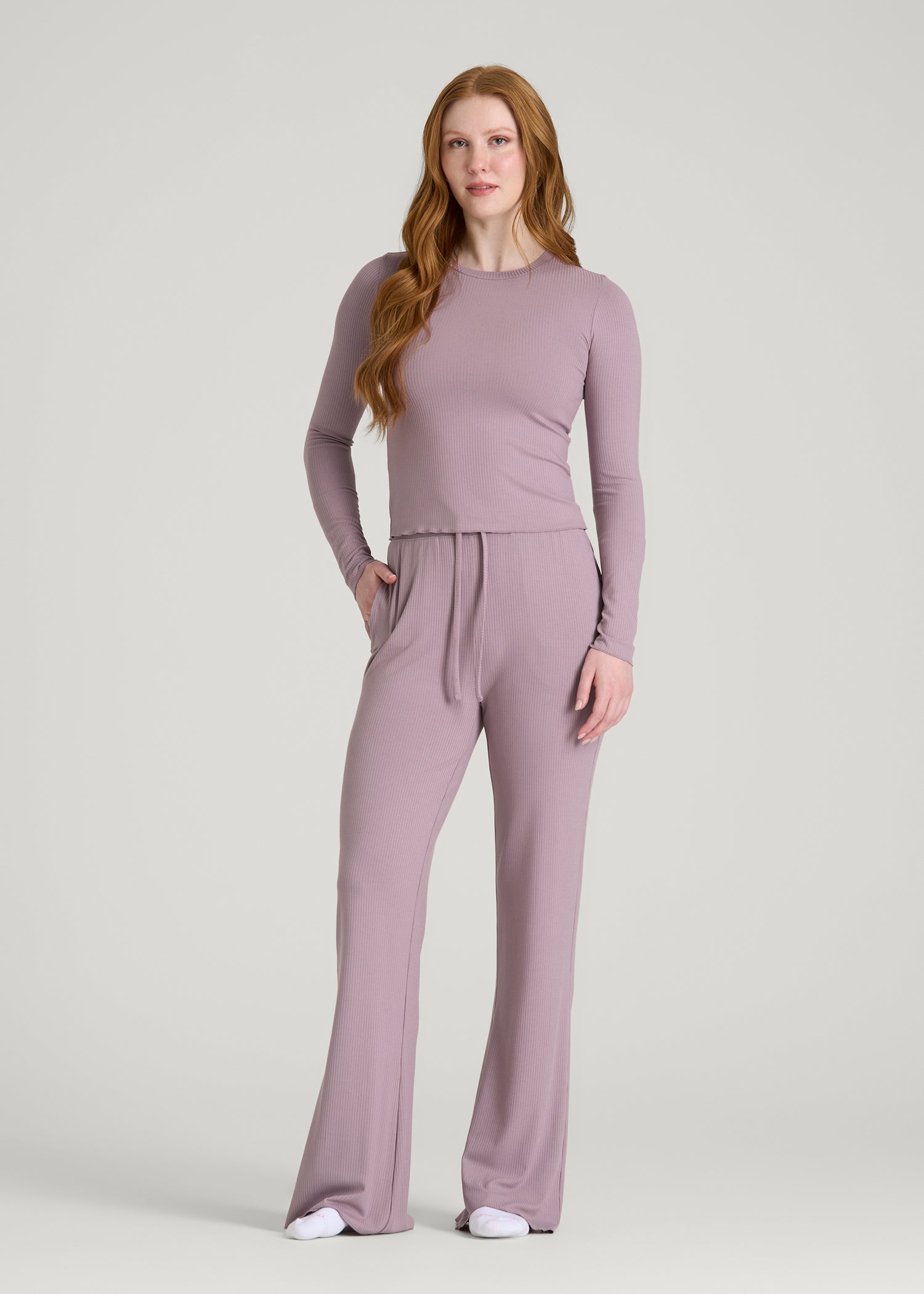 American Tall Sale | Ribbed Flare Pants for Tall Women in Smoked Mauve