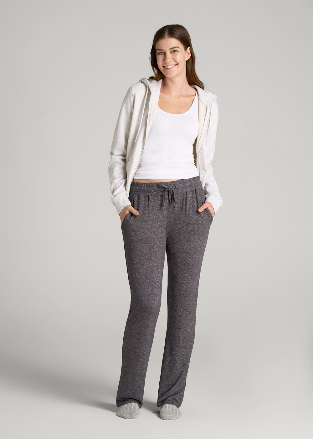 American Tall Discount | Open-Bottom Cozy PJ Lounge Pants for Tall Women in Charcoal Mix