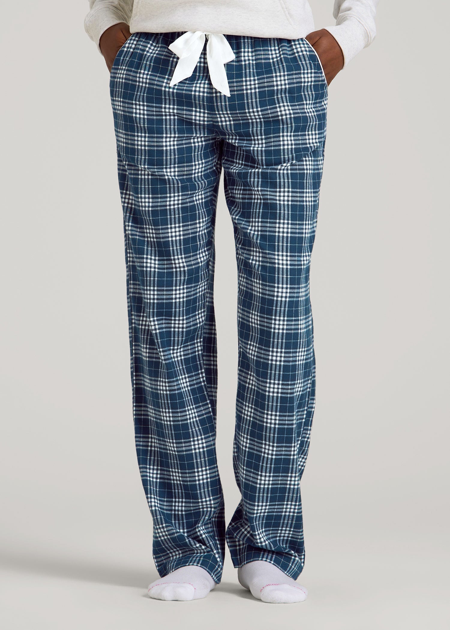 American Tall Discount | Tie Waist Flannel Pajama Pants for Tall Women in Navy and White Plaid