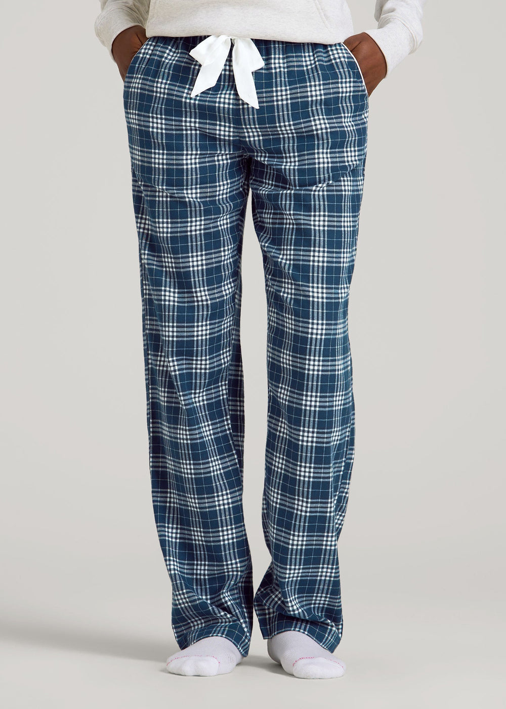 American Tall Discount | Tie Waist Flannel Pajama Pants for Tall Women in Navy and White Plaid
