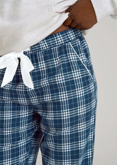American Tall Discount | Tie Waist Flannel Pajama Pants for Tall Women in Navy and White Plaid